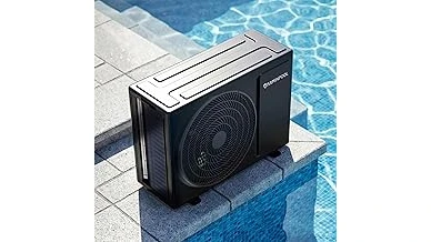 The image shows a sleek, modern pool heat pump unit, perfect for warming above-ground swimming pools.