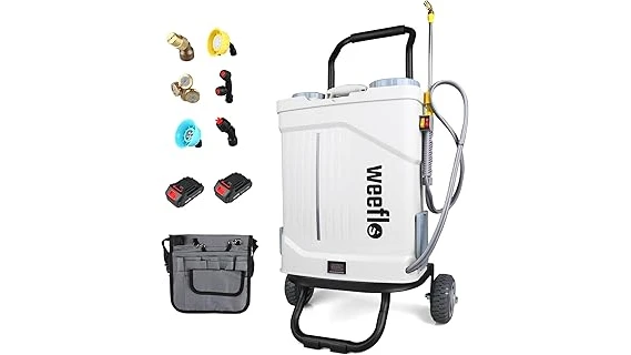 This image shows a wheeled battery-powered garden sprayer, highlighting a top contender from the Best 10 list.