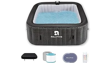 The image shows a cozy outdoor inflatable hot tub glowing warmly in a snowy landscape.