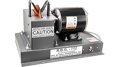 The image shows a detailed close-up of a commercial lawn mower blade sharpener, highlighting its sharpening disc.
