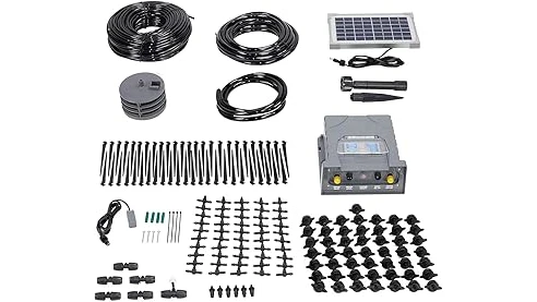 The image shows an established fruit tree with a neat drip irrigation system watering its base.
