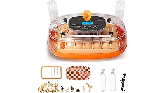 The image shows a sleek, modern egg incubator with an automatic turner, perfect for hatching eggs.