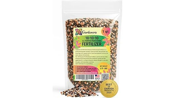 The image shows a garden with various fertilizer bags suitable for the Best 10 Fertilizer for Trees in Spring.