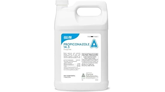 The image shows lush centipede grass alongside various fungicide bottles for lawn care.