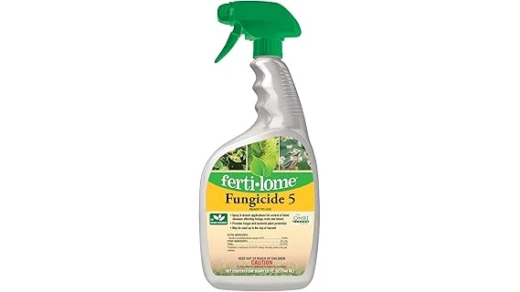 The image shows a gardener spraying a plant with fungicide, representing the best fungicides for rust fungus control.