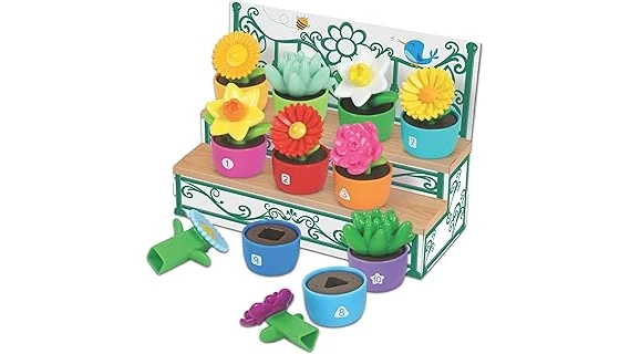 The image shows a happy toddler playing with brightly colored garden toys, perfect for the best 10 garden toys for toddlers.
