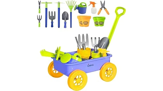 The image shows a toddler happily playing with colorful garden toys, part of the Best 10 Garden Toys for Toddlers list.