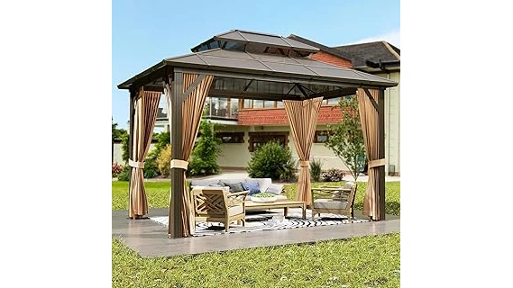 The image shows a stylish outdoor gazebo perfectly framing a cozy fire pit, ideal for entertaining.