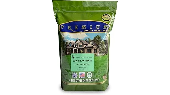 The image shows a lush green lawn with a bag of grass seed, ideal for low water lawns.