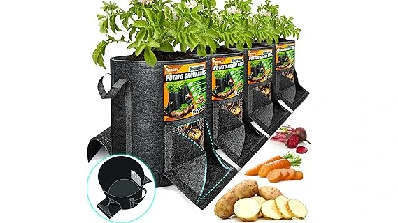 The image shows a collection of various grow bags suitable for cultivating sweet potatoes.