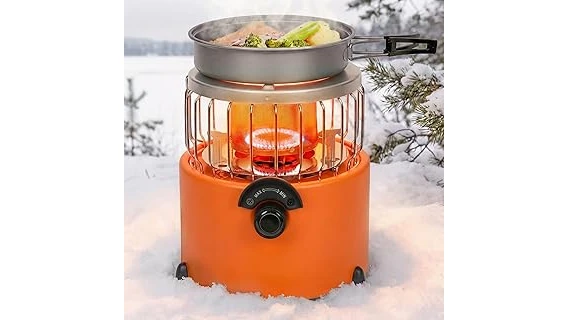 The image shows a portable propane heater used for ice fishing, highlighting a top pick from the best heaters list.