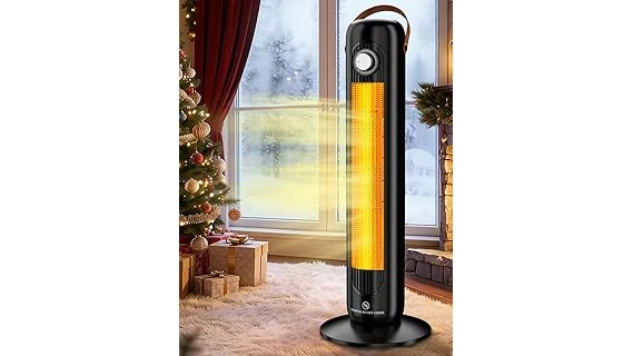 The image shows various modern outdoor heaters suitable for a screened-in porch.