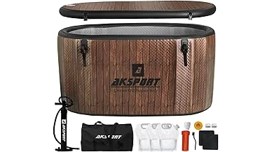 The image shows a bubbling hot tub in a snowy outdoor setting, perfect for cold climates.