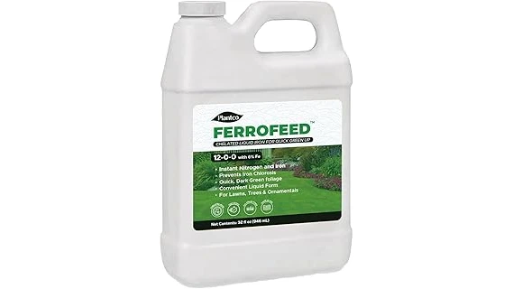The image shows a lush green lawn with bags of iron fertilizer, highlighting the best 10 iron fertilizer for lawns.