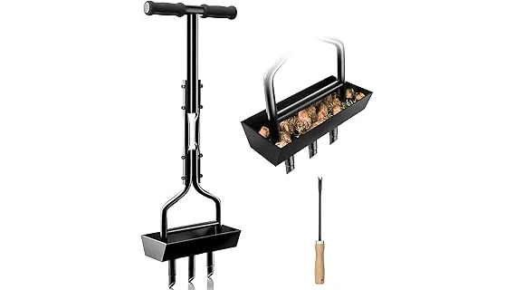 The image shows a person using a manual lawn aerator to remove soil plugs from a lawn.