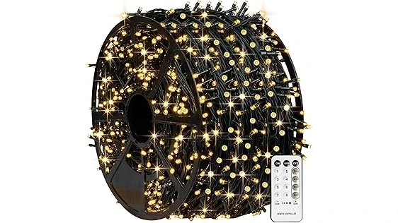 The image shows a beautifully illuminated Christmas tree wrapped in festive lights from the Best 10 Lights for Wrapping Trees selection.