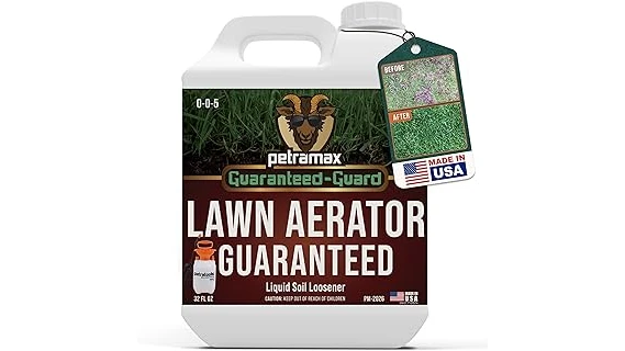The image shows a lush green lawn with various liquid aerator bottles displayed, highlighting the best 10 options for lawns.
