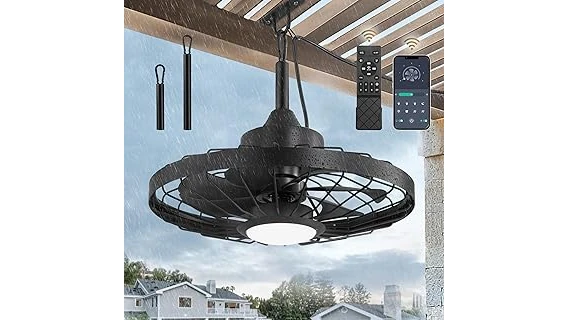 The image shows a stylish outdoor ceiling fan mounted on a covered patio, perfect for cooling.