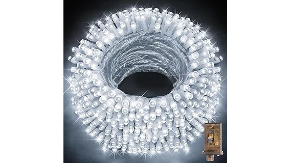 The image shows a twinkling display of varied outdoor Christmas lights illuminating a festive home exterior.
