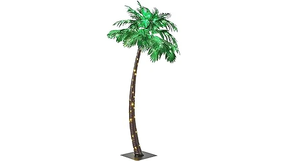 The image shows a lush backyard with a variety of palm trees, perfect for a tropical escape.