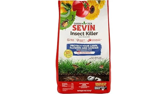 The image shows various effective lawn pest control products featured in the Best 10 Pest Control for Lawns guide.