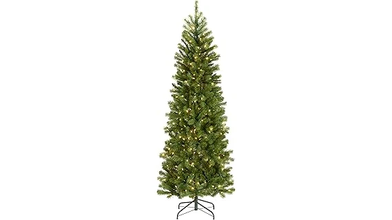 The image shows a beautifully decorated, lit slim Christmas tree, perfect for a festive holiday display.