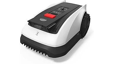 The image shows a riding lawn mower cutting grass on a steep, green hillside.