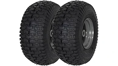 The image shows a powerful riding mower tackling a challenging, uneven outdoor landscape.