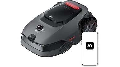 The image shows a modern robot mower efficiently cutting a large, well-maintained lawn.
