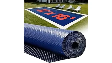 The image shows a sparkling blue swimming pool with a clear solar cover warming the water.