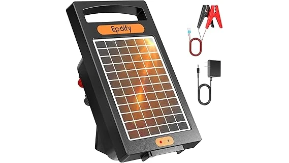 This image shows a solar fence charger powering an electric fence in a pasture for cattle.