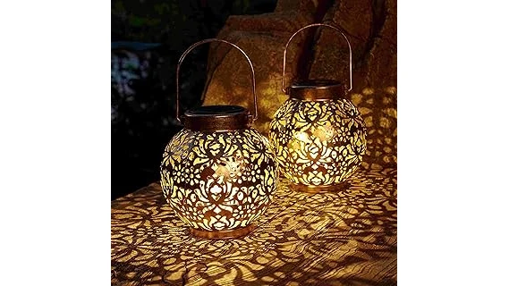 The image shows a beautifully lit patio at dusk, featuring several elegant solar lanterns.