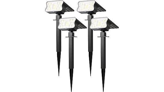 This image shows a collection of solar spotlights designed for illuminating a house's exterior.