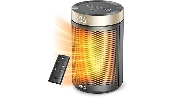 The image shows a compact, portable electric space heater suitable for RVs, highlighting a top pick.