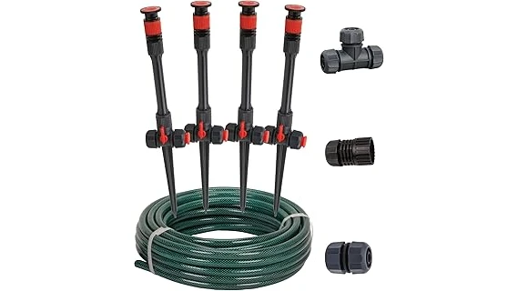 The image shows a selection of different sprinklers watering colorful flower beds, highlighting top choices.