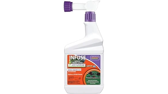 The image shows a healthy green tree with a bottle of systemic fungicide, highlighting the best treatments.