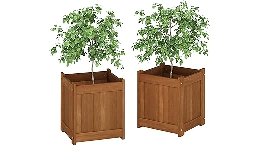 The image shows a selection of beautiful wooden planter boxes, perfect for outdoor spaces.