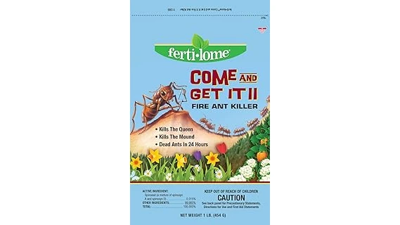The image shows a person applying a granular ant treatment to a grassy yard, suggesting best yard treatment for ants.