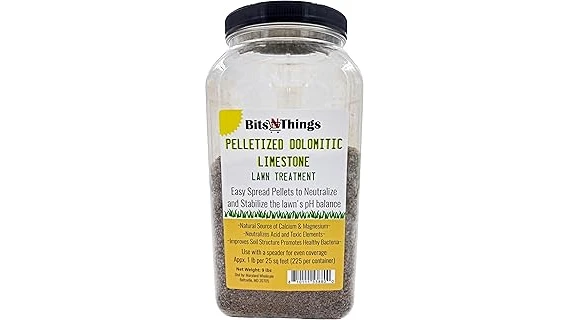 The image shows a bag of pelletized lime fertilizer for lawn care.