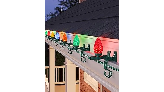 This image shows bright, festive Christmas lights neatly installed along a house's gutters.