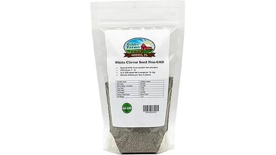 The image shows a bag of premium clover seed, ideal for creating lush, green lawns.