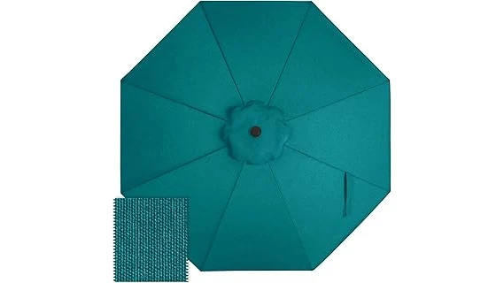 The image shows a vibrant collection of outdoor umbrella fabric swatches in ten popular colors.