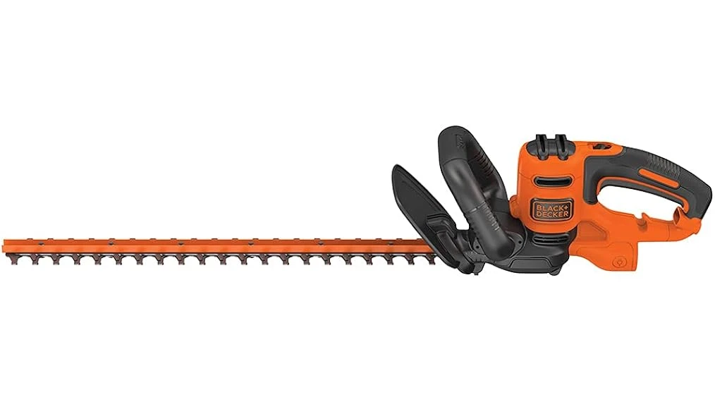 The image shows a powerful electric hedge trimmer cutting through thick branches, perfect for the best selling list.