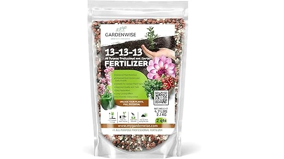 The image shows various bags of popular fertilizers ideal for vibrant flowers and healthy shrubs.