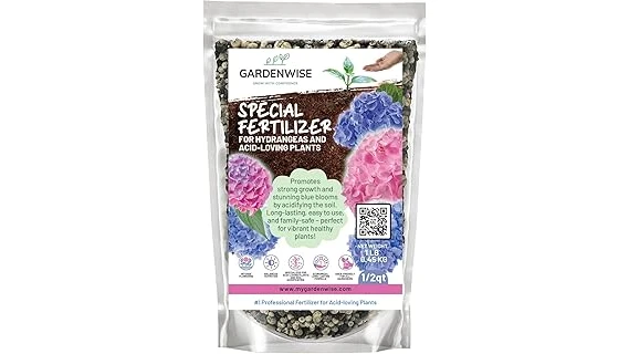 The image shows a lush Limelight Hydrangea bush alongside bags of top-selling fertilizer.