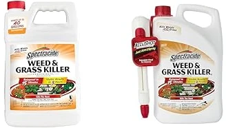 The image shows a driveway with weeds being treated by a popular grass killer product.