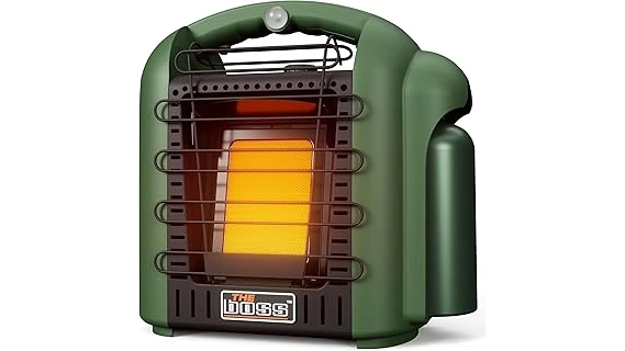 The image shows a cozy tent interior with a portable heater providing warmth for camping adventures.