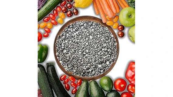 The image shows a vibrant green lawn with a variety of fertilizer bags nearby.