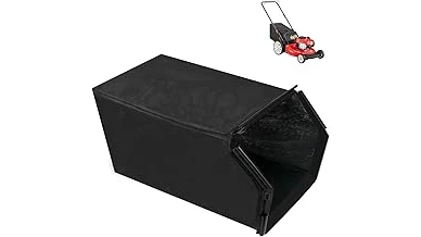 The image shows a lawn mower collecting grass clippings into a bag, highlighting top bagging models.