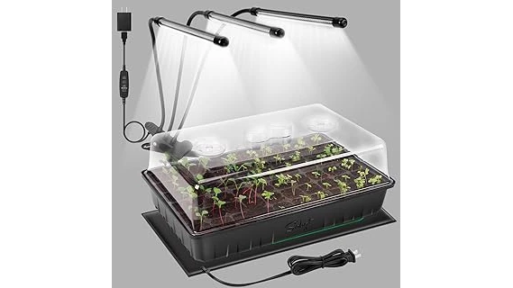 The image shows a collection of best-selling grow lights illuminating trays of seedlings indoors.
